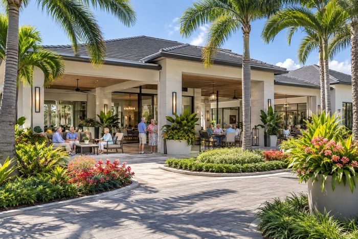 Illustrative lifestyle image of a bright community center building with palms and a covered entry