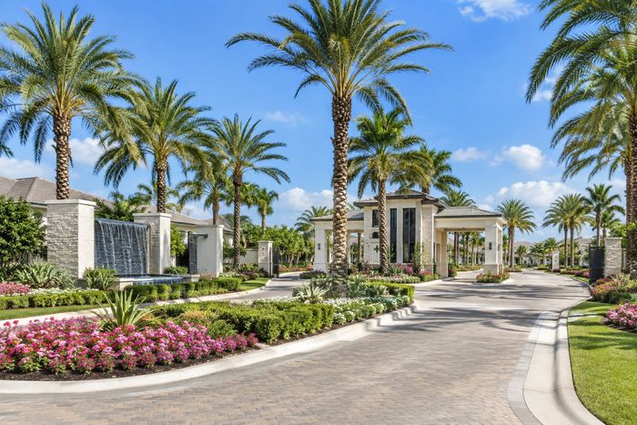 Illustrative lifestyle image of a landscaped gated community entrance with palms and a water feature, inspired by Valencia Sky