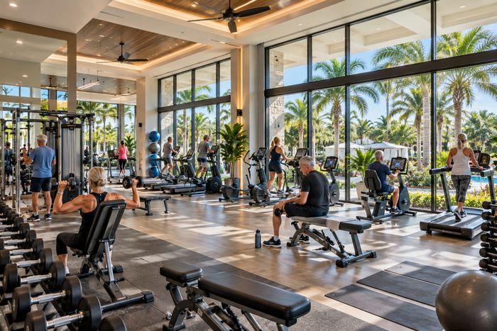 Illustrative lifestyle image of a modern fitness center with cardio equipment and large windows