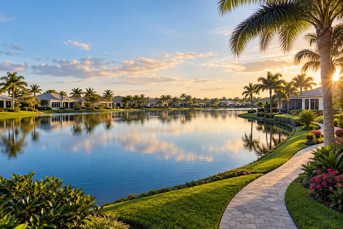 Illustrative lifestyle image of single family homes along a lake at sunset, inspired by Valencia Sky