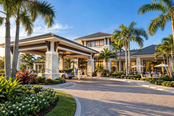 Illustrative lifestyle image of a contemporary resort style clubhouse with pool at dusk, community lifestyle inspiration