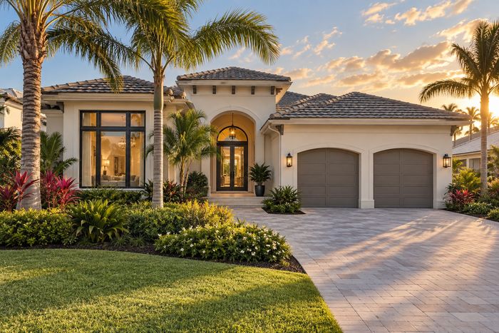 Illustrative lifestyle image of a contemporary single family home exterior with tile roof and palm landscaping