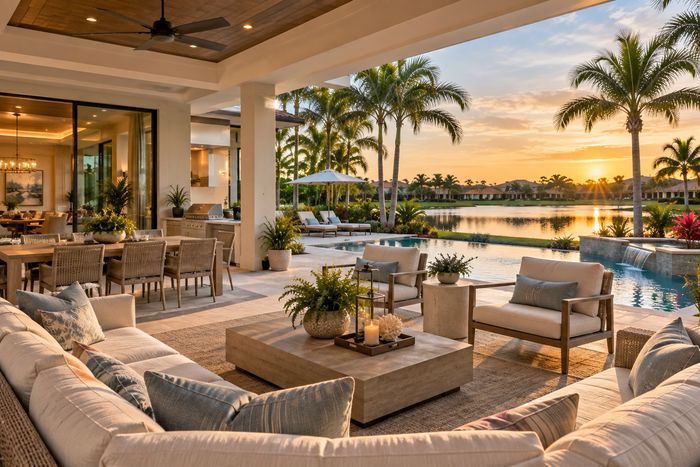 Illustrative lifestyle image of a covered lanai with outdoor seating overlooking a lake