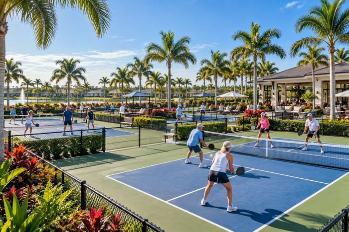 Illustrative lifestyle image of a lighted pickleball complex with players and shaded pavilions