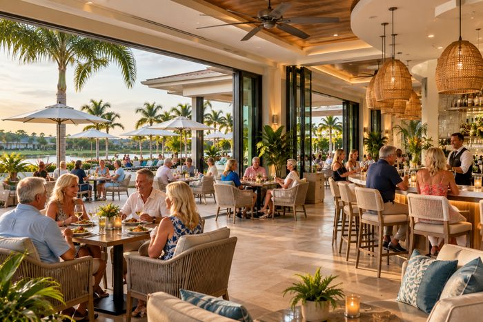 Illustrative lifestyle image of a restaurant and bar lounge with warm lighting